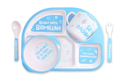 5pc Bamboo Bismillah, Alhamdulillah, Dua Tableware Set - Blue