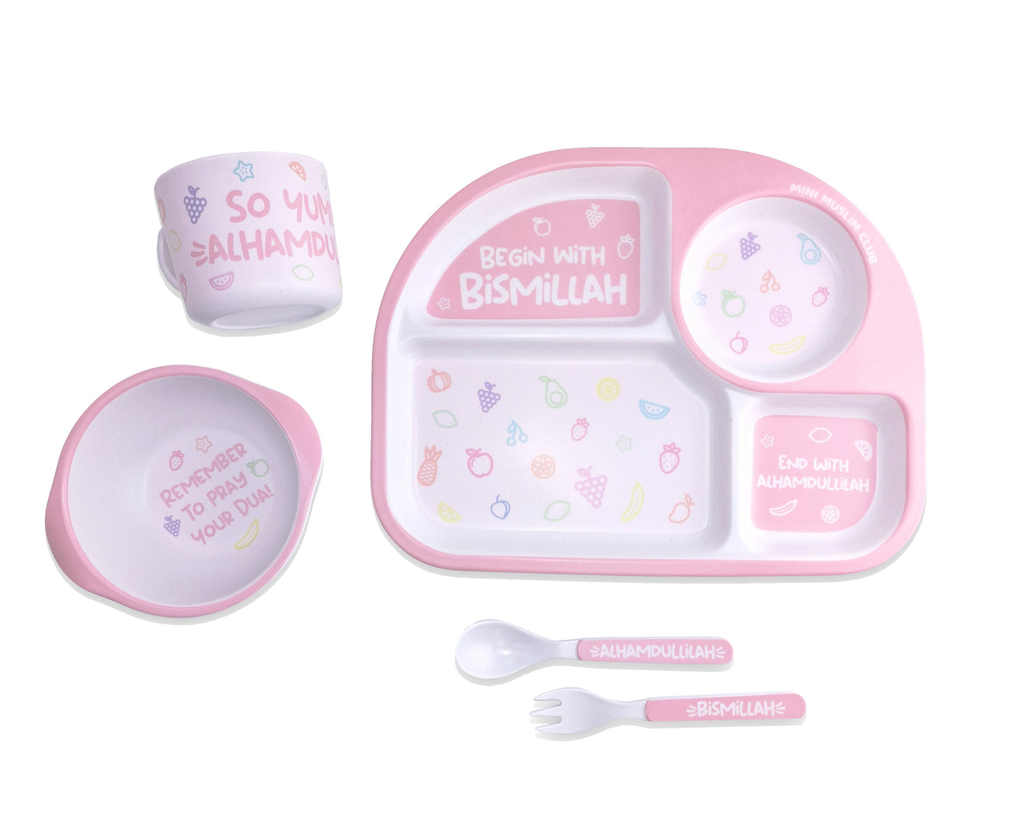 5pc Bamboo Bismillah, Alhamdulillah, Dua Tableware Set - Pink