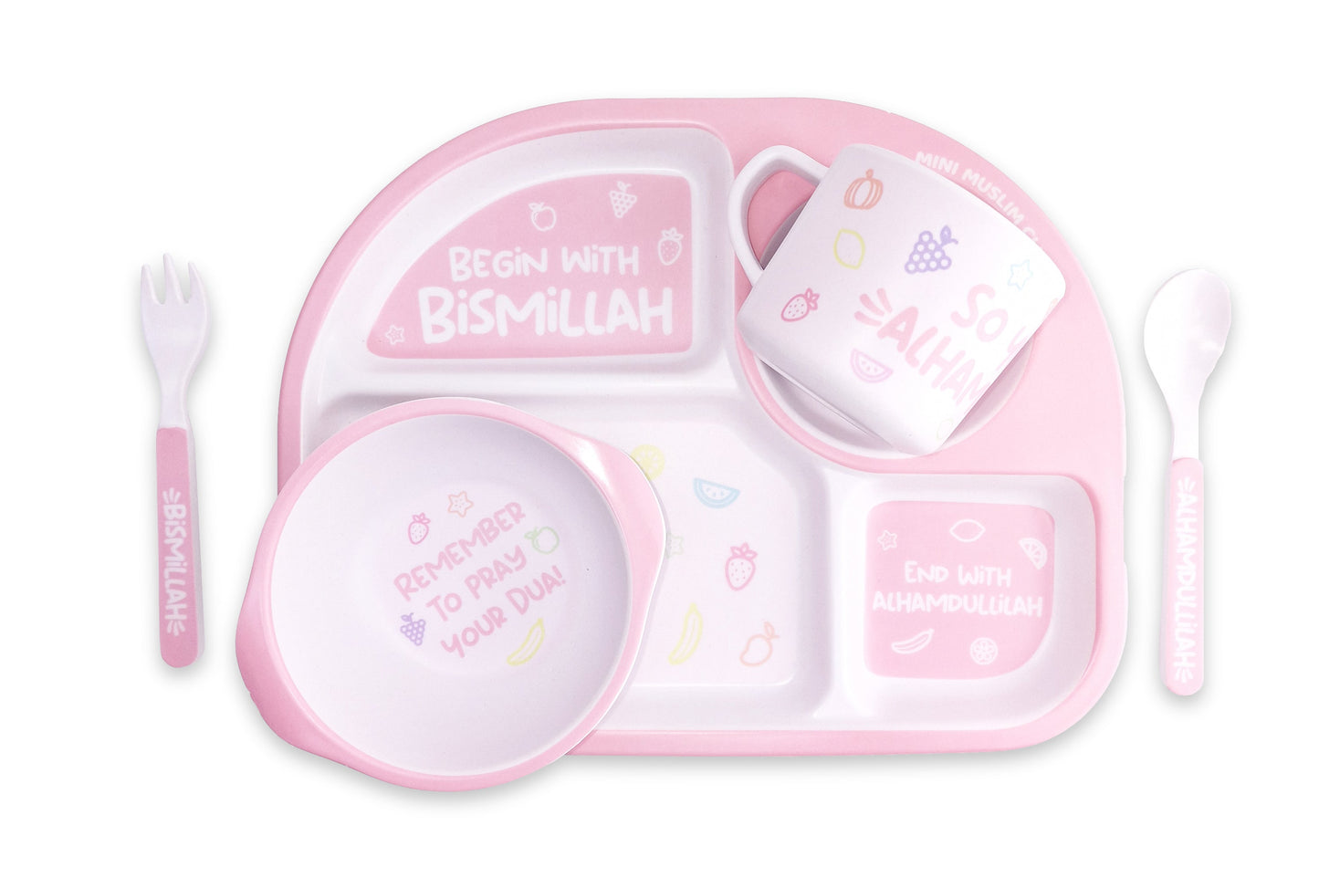 5pc Bamboo Bismillah, Alhamdulillah, Dua Tableware Set - Pink